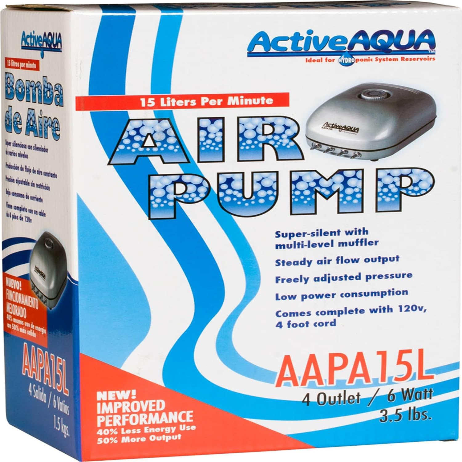 Active Aqua AAPA15L 6 Watt 240 GPH Adjustable Hydroponic Aquarium Air Pump with 4 Outlets, Quiet Multi-Level Muffler, and 4 Foot 120V Cord (2 Pack)