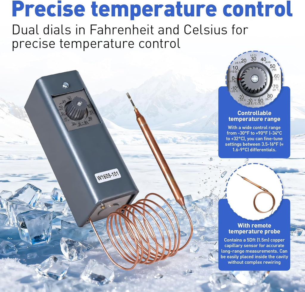 W1609-101 Refrigeration Thermostat Temperature Controller Remote Control Bulb TH-1609, 5FT Capillary Length, -30 to +90 Degrees Fahrenheit, -34 to +32 Degrees Celsius, °C and °F Dual Temperature dial