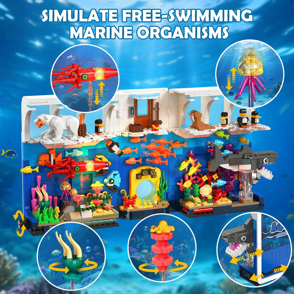 HOGOKIDS Aquarium Book Nook Building Set with Lights - Booknook Fish Building Toy for Bookshelf Home Decor, 1064PCS Movable Shark Ocean Polar Animals Blocks Bookend Kit for Adults Teens Boys Girls 8+