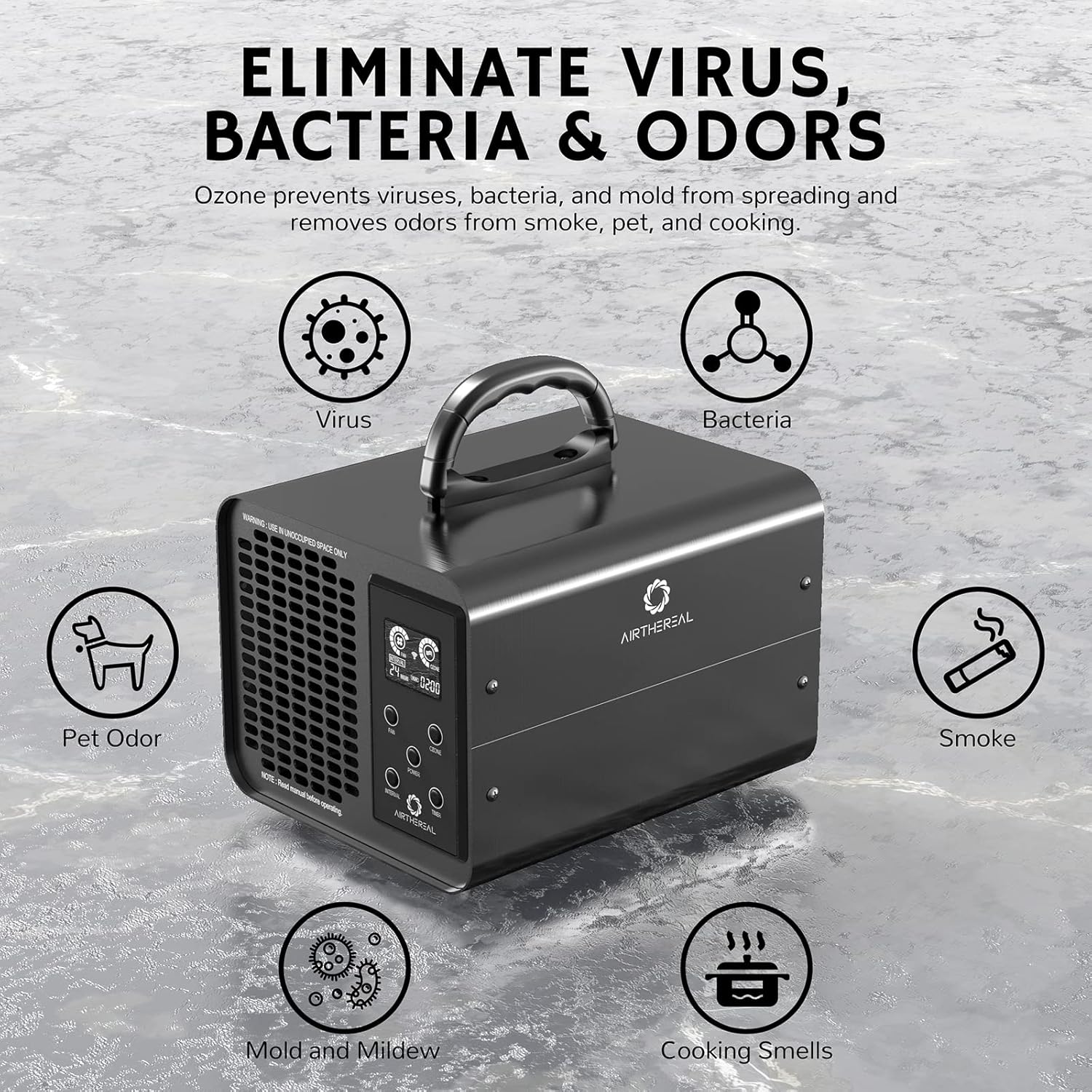 Airthereal MA10K-PRO SMART WiFi Ozone Generator - High Ozone Output Capacity Ozonator- Odor Remover, Deodorizer, Sterilizer - Adjustable Output and Timer Settings for Any Size Room - Black