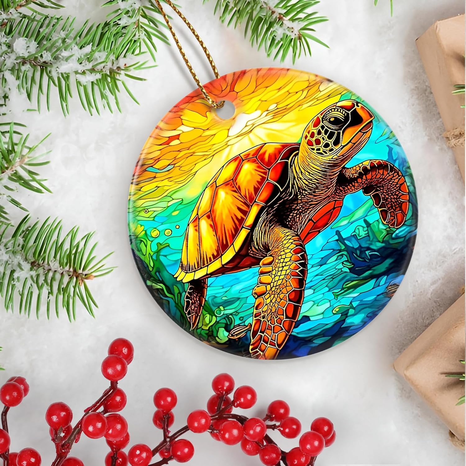 Touber Christmas Ornament, Christmas Decoration, Holiday Present Idea, Heirloom Keepsake, Round Ceramic, Gift Exchange, Gift Idea, Sea Turtle