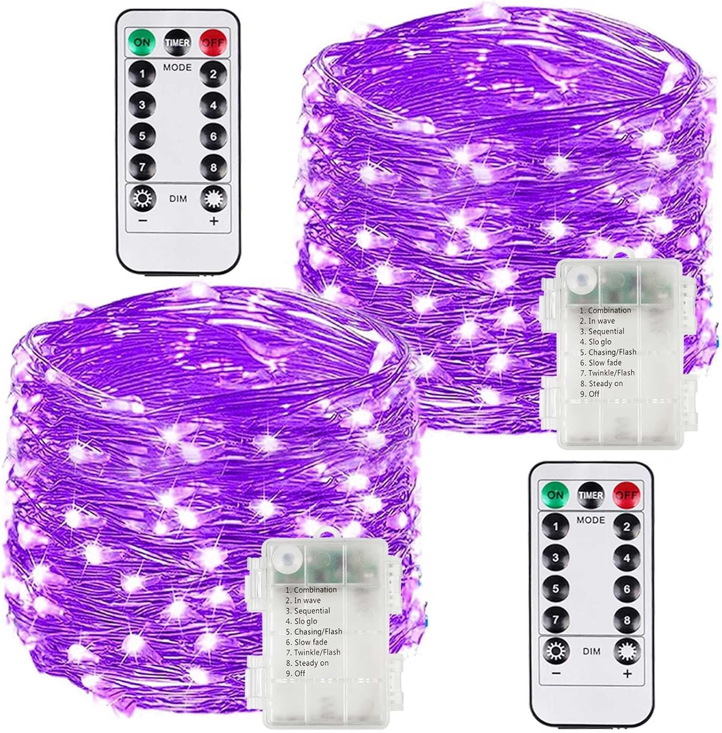 2 Pack 100LED Christmas Battery Operated Fairy Lights with Remote, 8 Modes String Lights with Timer, Dimmable, Memory Function, Waterproof Twinkle Lights for Outdoor Indoor Christmas Decor(Purple)