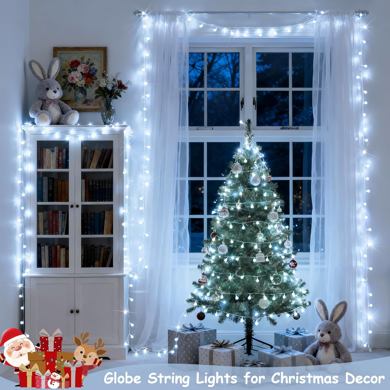 JMEXSUSS 100 LED White Christmas Lights Indoor, Connectable Globe String Lights Plug in with Remote, 33 ft 8 Modes Fairy Light Outdoor for Bedroom Room Party Tree Christmas Decorations