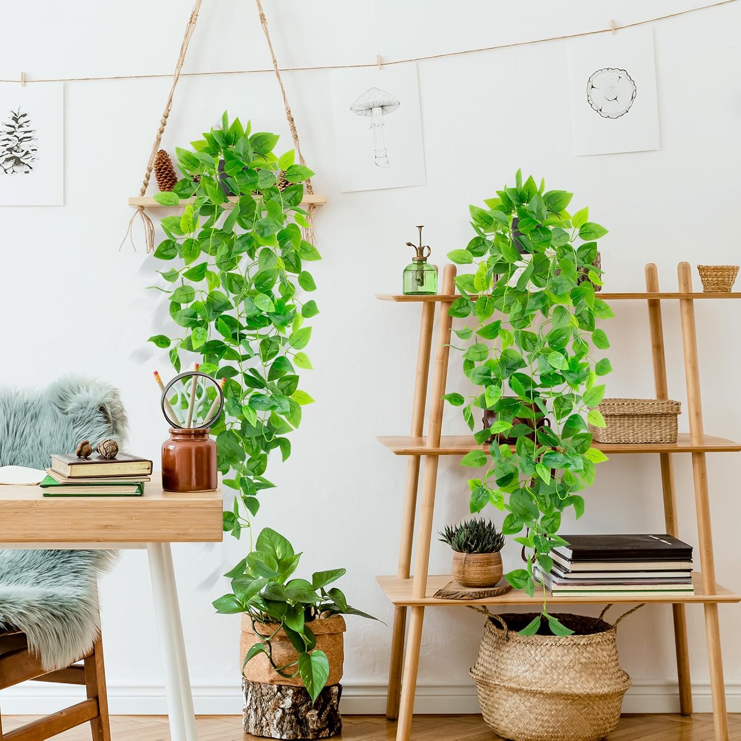 Artificial Hanging Plants Small Fake Pothos 39-in Long Potted Vine Plant Faux Trailing Ivy Vine for Shelf Home Office Indoor Outdoor Garden Greenery Decor (Black Pot)