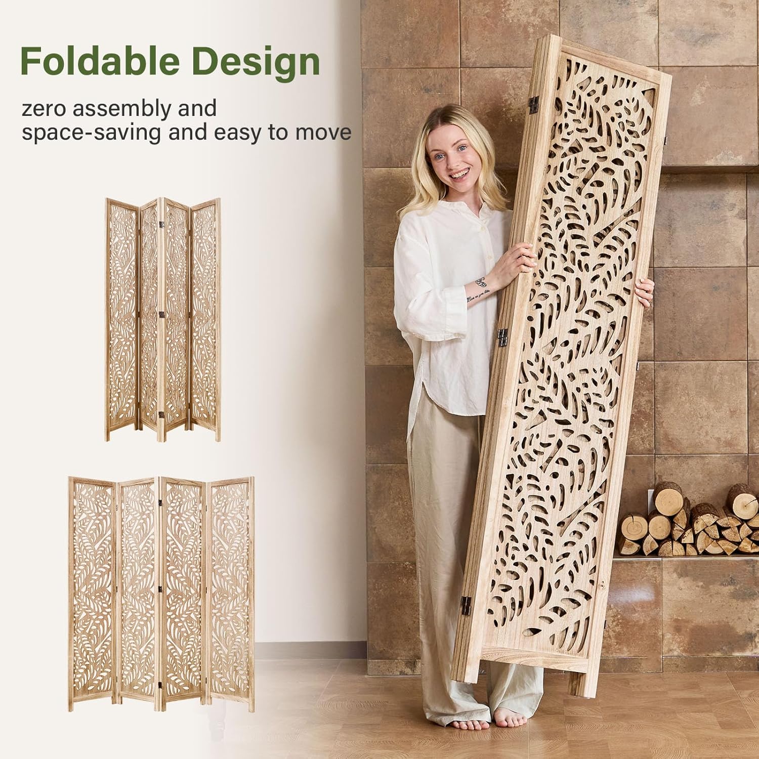 Leaf-Carved Room Divider Privacy Screen - 67 Inch Tall Foading Decorative Wood Screen Dividers Panel for Home - Natural Wood Room Partitions for Enhanced Privacy and Style Natural 4 Paned