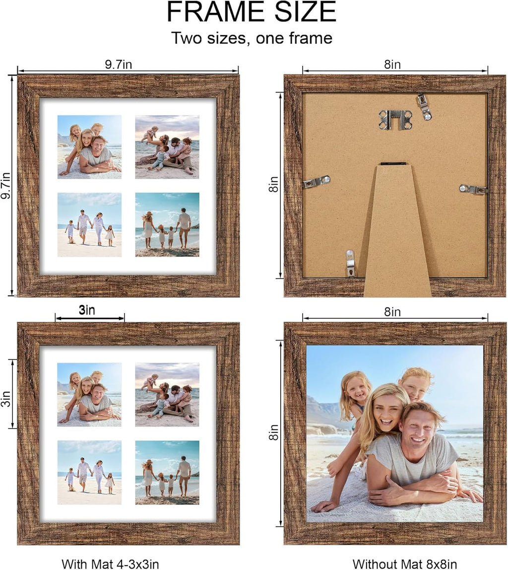 8x8 Picture Frame Set of 2, with Glass and Rustic Brown Wood Frames, Display Collage Four Opening 3x3 With Mat or 8 x 8 Without Mat for Wall Hanging or Tabletop