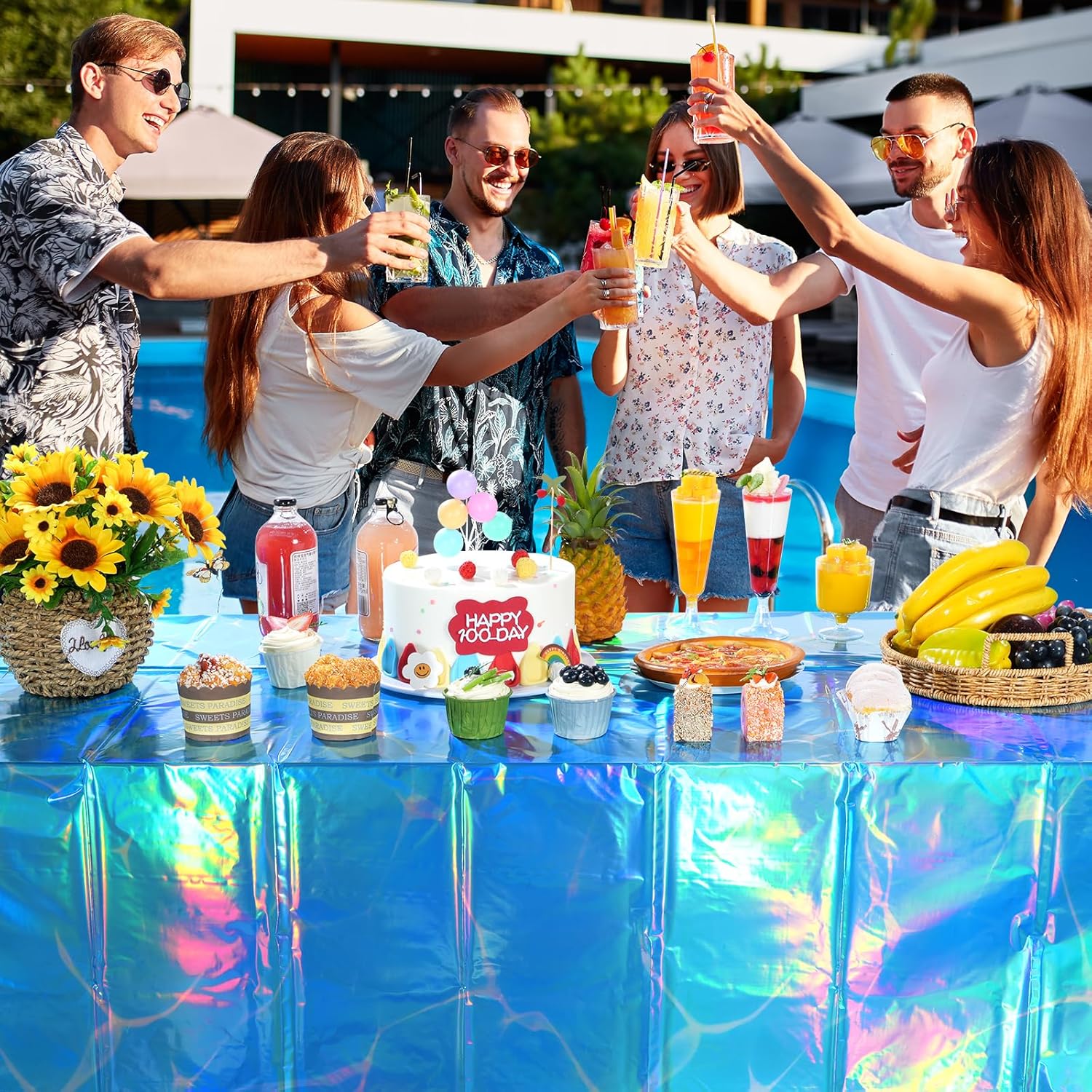 6 Pack Ocean Tablecloths Iridescent Plastic Disposable Table Cloth Rectangle Water Wave Table Covers for Under Sea Ocean Pool Beach Party Decorations, 54 x 108Inch