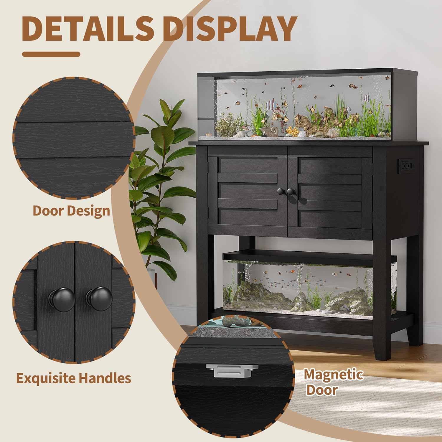 Garvee 20-29 Gallon Aquarium Stand with Charging Station, 660LBS Heavy Duty Fish Tank Stand with Doors & Open Storage for Reptile Turtle Tank