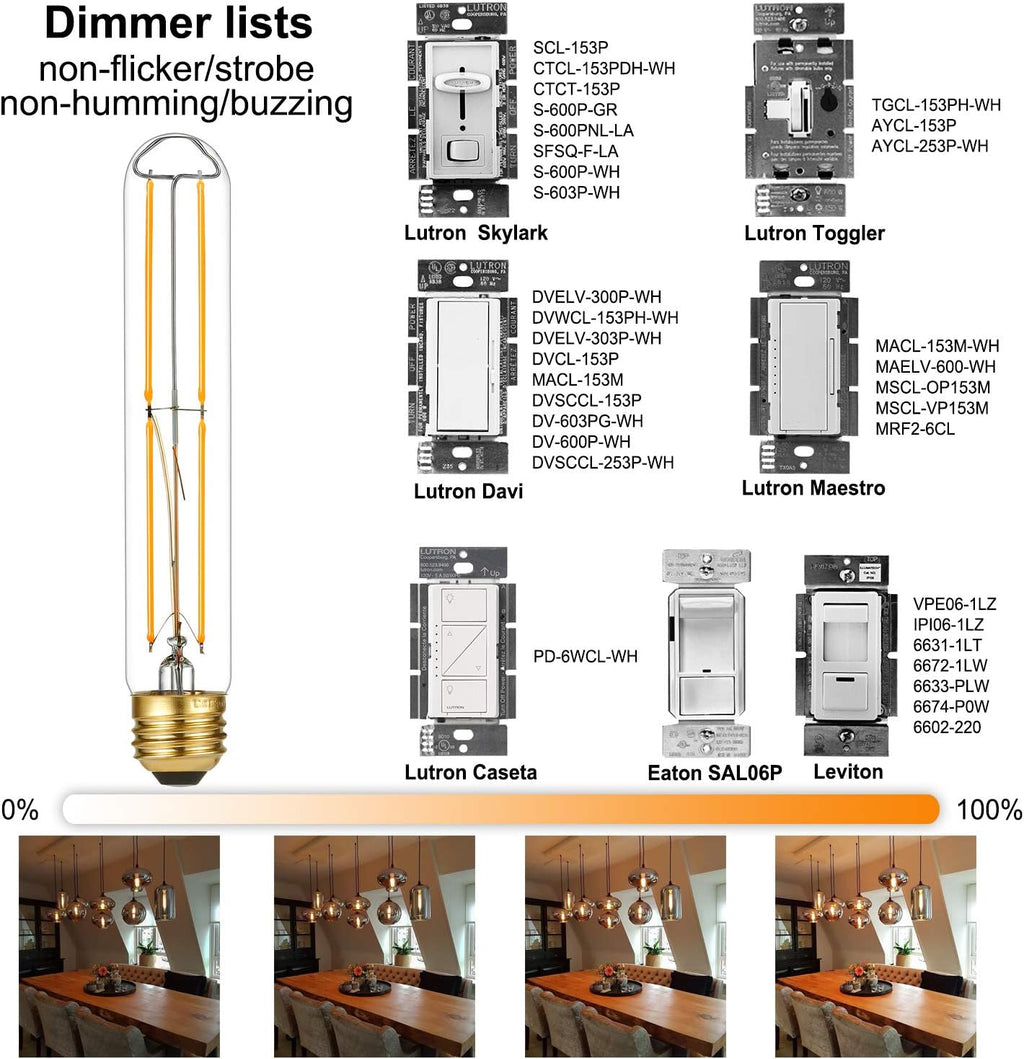 Arberlic 7.3 Inch T10 LED Bulb,6W Tubular Light Bulb Equivalent E26 led Bulb 60 watt dimmable,Warm White 2700K,600lm,CRI85+,AC120V,Clear Glass Long E26 Edison Bulb,Flicker-Free,Pack of 6