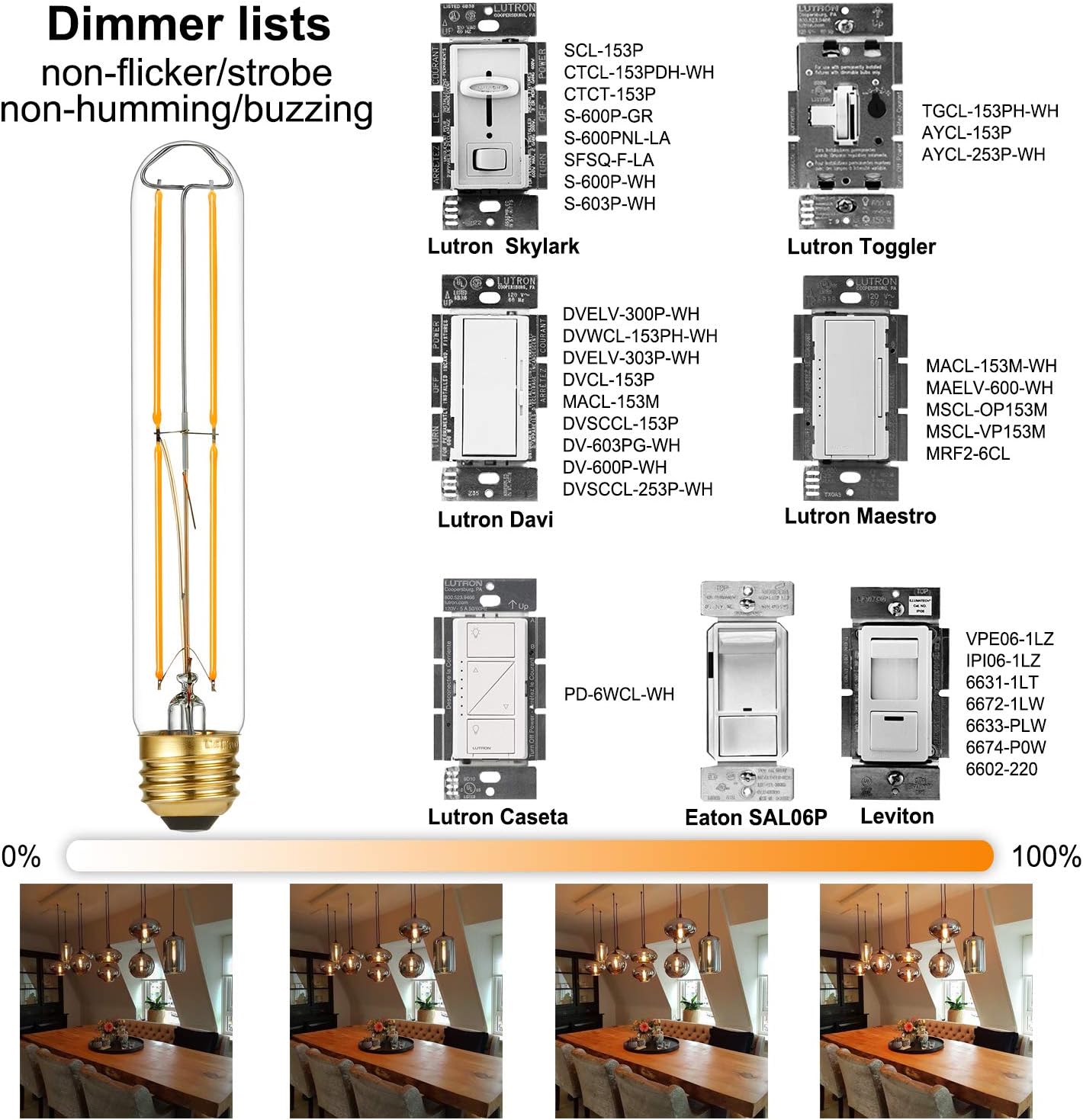 Arberlic 7.3 Inch T10 LED Bulb,6W Tubular Light Bulb Equivalent E26 led Bulb 60 watt dimmable,Warm White 2700K,600lm,CRI85+,AC120V,Clear Glass Long E26 Edison Bulb,Flicker-Free,Pack of 6