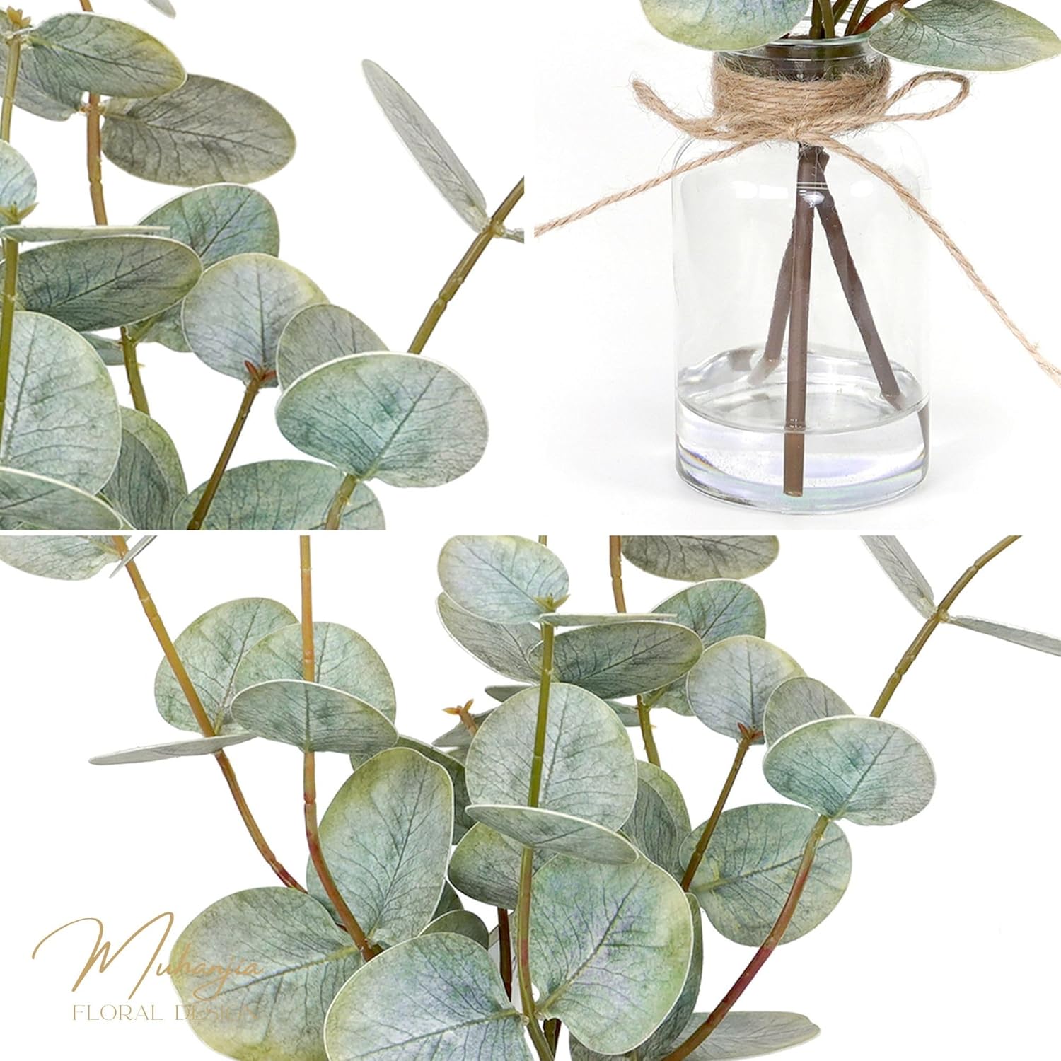 Artificial Eucalyptus Stems in Glass Vase with Faux Water,3Pcs Fake Plant with Double-Sided Green Leaves for Centerpiece(Double-Sided Green Eucalyptus)