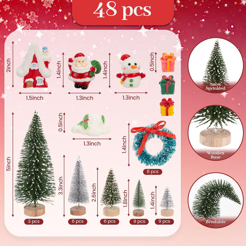 LOVEINUSA 48PCS Mini Bottle Brush Trees and Resin Miniatures for Tabletop Decor - Winter Ornaments and DIY Crafts