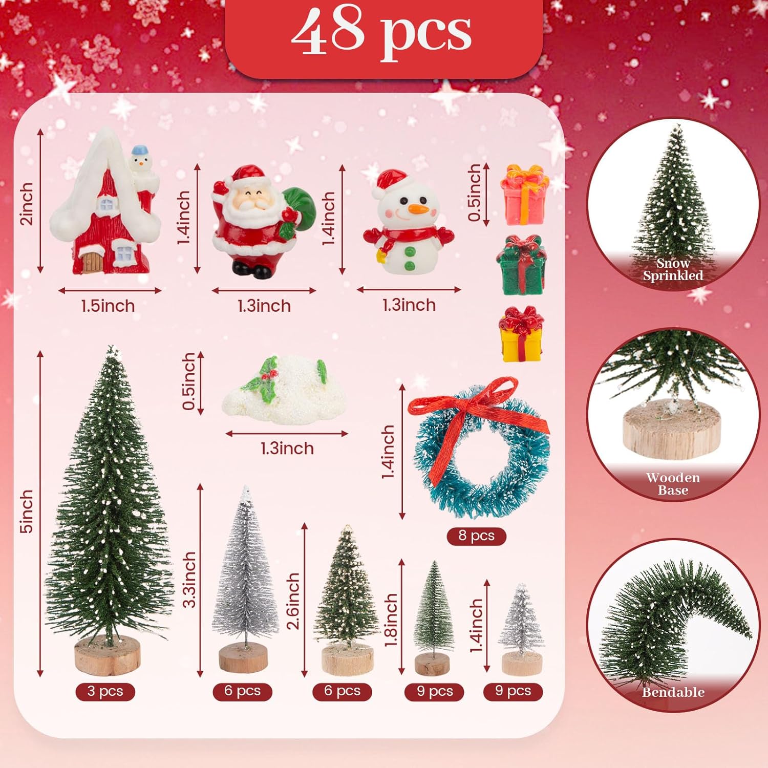 LOVEINUSA 48PCS Mini Bottle Brush Trees and Resin Miniatures for Tabletop Decor - Winter Ornaments and DIY Crafts