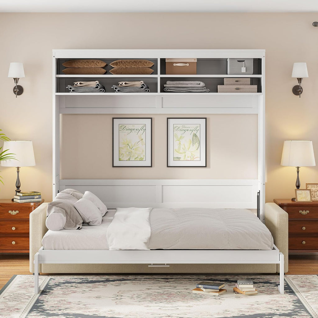 MERITLINE Queen Murphy Bed with 4 Seat Couch and Storage Shelves,Wood Murphy Bed Cabinet with Storage and Sofa,Folding White Murphy Wall Bed Cabinet Queen Size