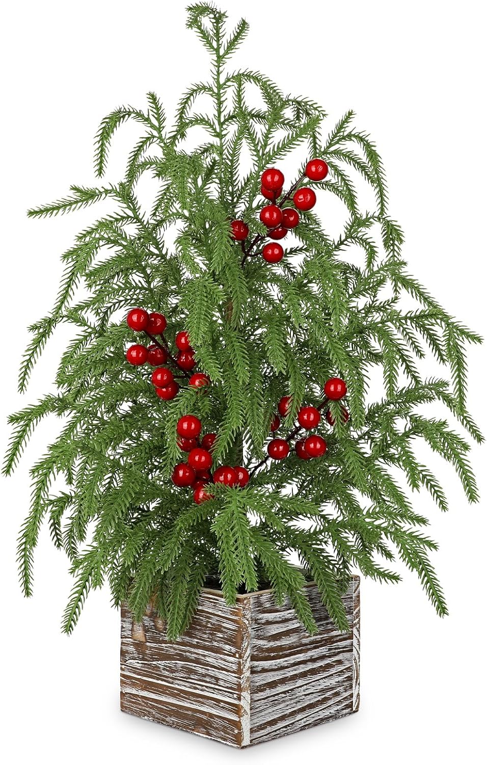 Briful 23.6'' Mini Table Top Christmas Tree with Red Berries – Small Faux Cypress Christmas Tree with Rustic Wooden Base, Realistic Norfolk Pine Tree for Home Office Desk Holiday Centerpiece Decor