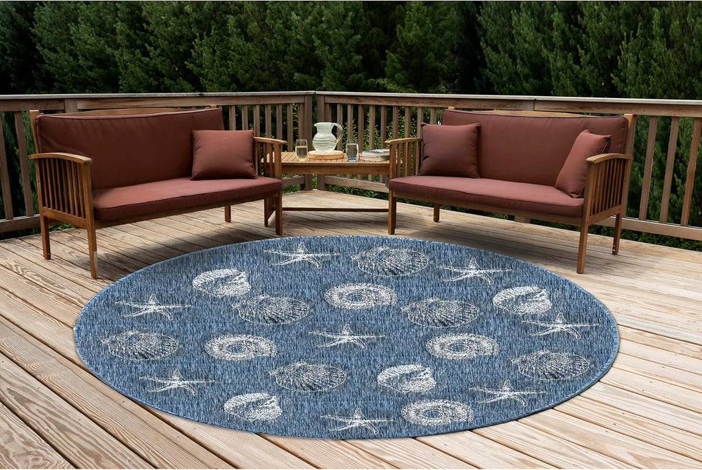 Liora Manne CARMEL Indoor/Outdoor Power Loomed Synthetic Blend Low Profile Area Rug - Transitional Coastal Seashell Decorative (Shells Navy) (7'10" Round)