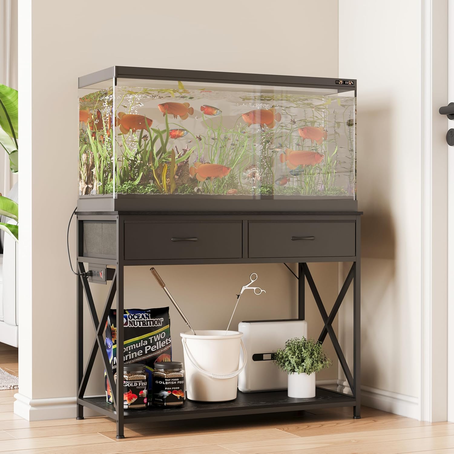 40-50 Gallon Fish Tank Stand，Aquarium Holder with Power Outlet and 2 Drawers，Heavy Duty Breeder Turtle Terrarium Stand Suitable for Turtle Tank, Reptile Terrarium, for Home Office (Black)
