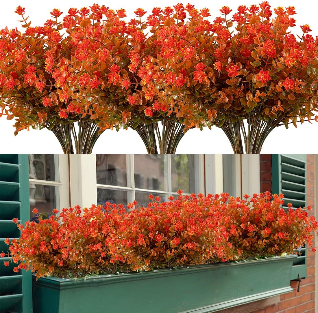 20 Bundles Artificial Flowers, Fake Artificial Greenery UV Resistant No Fade Faux Plastic Plants for Wedding Bridle Bouquet Indoor Outdoor Home Garden Kitchen Office Table Vase (Orange Red)