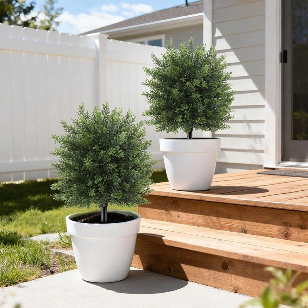 DEMIUKO 21.6" Artificial Cypress Topiary Trees with Ground Spike, Set of 2 Faux Cypress Shrubs UV Resistant Fake Plants Evergreen Bushes for Indoor Outdoor Front Porch Garden Home Decor