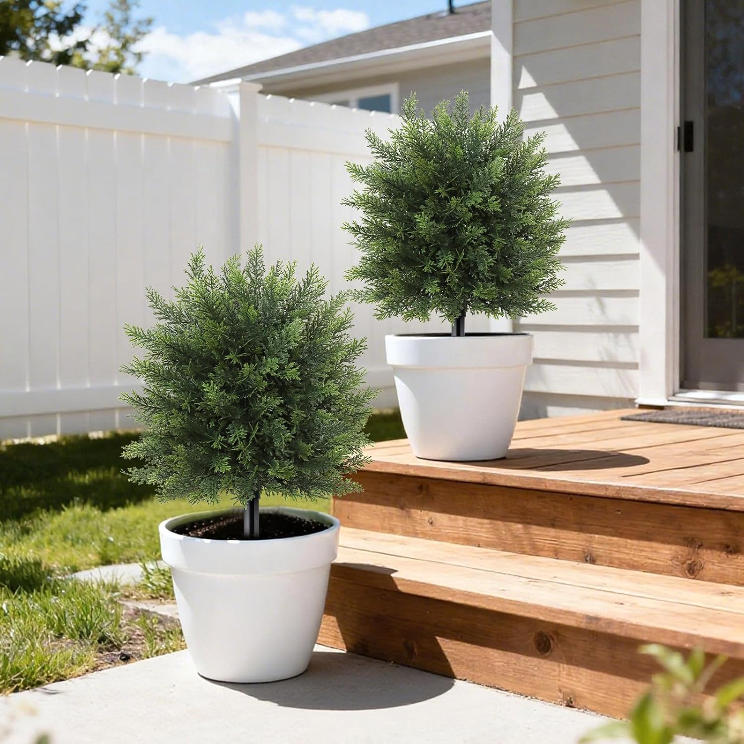 DEMIUKO 21.6" Artificial Cypress Topiary Trees with Ground Spike, Set of 2 Faux Cypress Shrubs UV Resistant Fake Plants Evergreen Bushes for Indoor Outdoor Front Porch Garden Home Decor