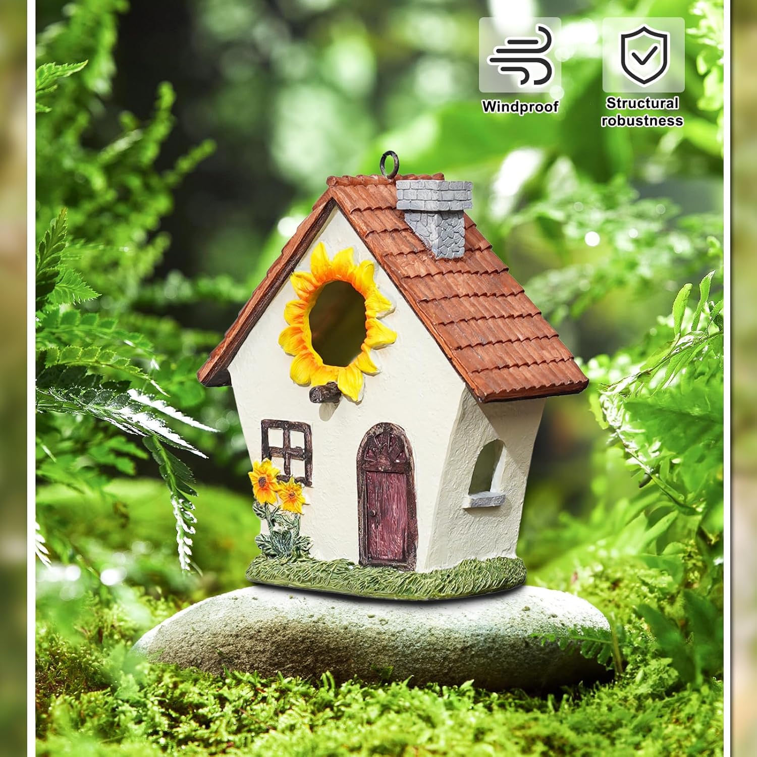 Garden Bird House for Outside, Hanging Resin Birdhouse Hummingbird House for Blue Bird Sparrow Chickadee, Sunflower Decorative Bird Box for Outdoors Country Garden Courtyard (Brown, Small)