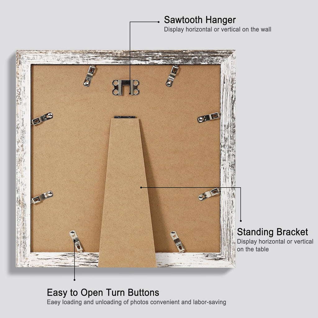 10x10 Picture Frame Set of 4, Made of Glass and Distressed White Wooden Frame - Display Picture 8x8 with Mat or 10 x 10 Without Mat, 10 by 10 Photo for Wall or Tabletop