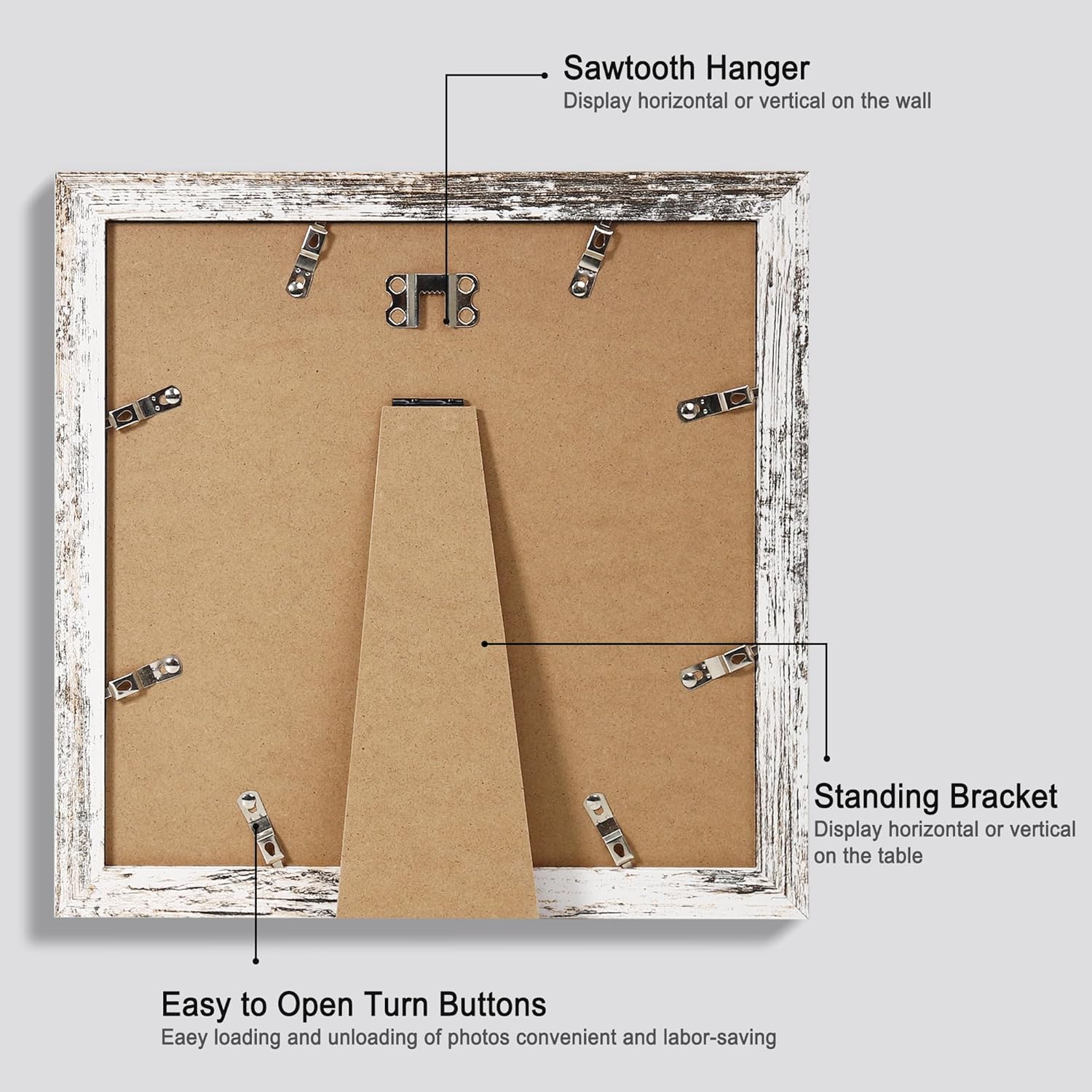 10x10 Picture Frame Set of 4, Made of Glass and Distressed White Wooden Frame - Display Picture 8x8 with Mat or 10 x 10 Without Mat, 10 by 10 Photo for Wall or Tabletop