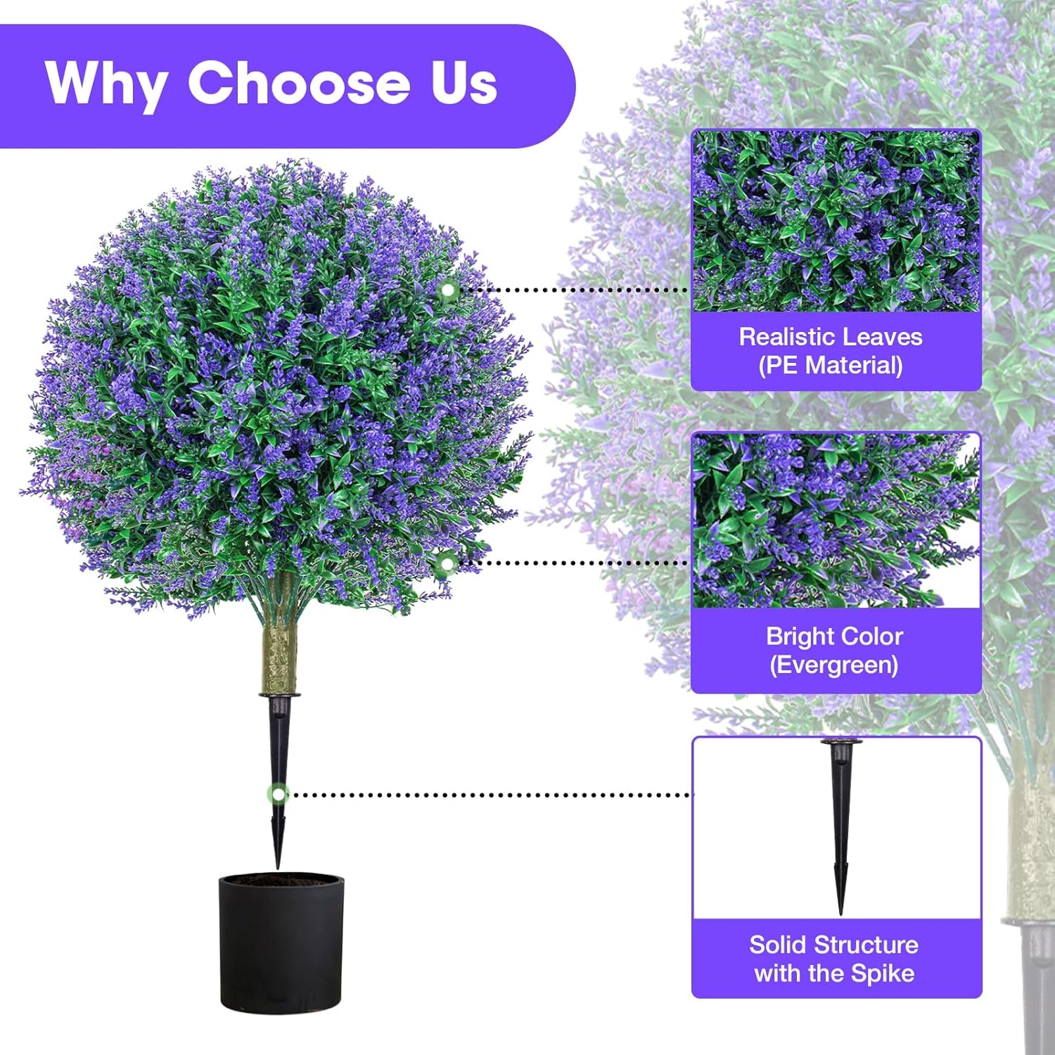 25.6" Artificial Lavender Topiary Ball Plants, 2 Pack Faux Bushes with Spike – UV Resistant & Fade Resistant Artificial Shrubs, Fake Lavender Trees for Indoor Outdoor Front Porch Garden