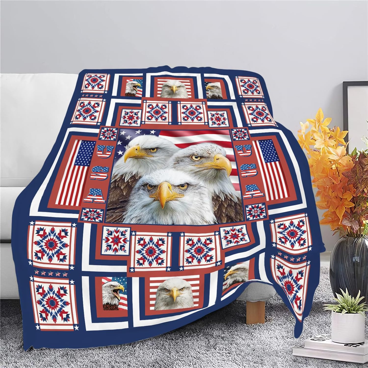 Eagle Throw Blanket American Flag Bald Eagle Stuff Gifts for Kids Girls Boys Adults Women Men Soft Cozy Warm Plush Fluffy Fuzzy Fleece Blanket Decor 40''X50''