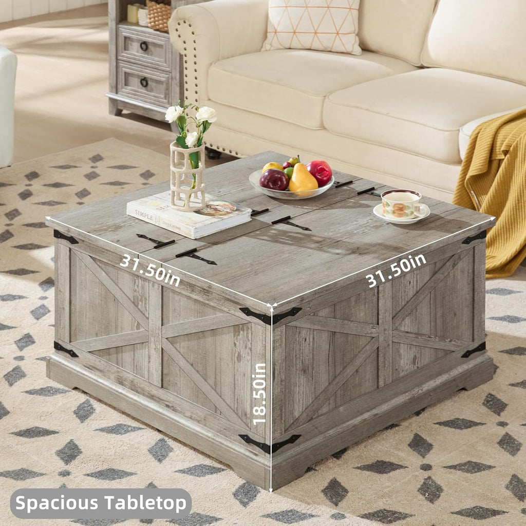 Farmhouse Coffee Table with Large Hidden Storage Compartment, Light Oak Square Center Table, Wood Rustic Low Modern Living Room Tables with Hinged Lift Brown Top & Wooden Arc Base