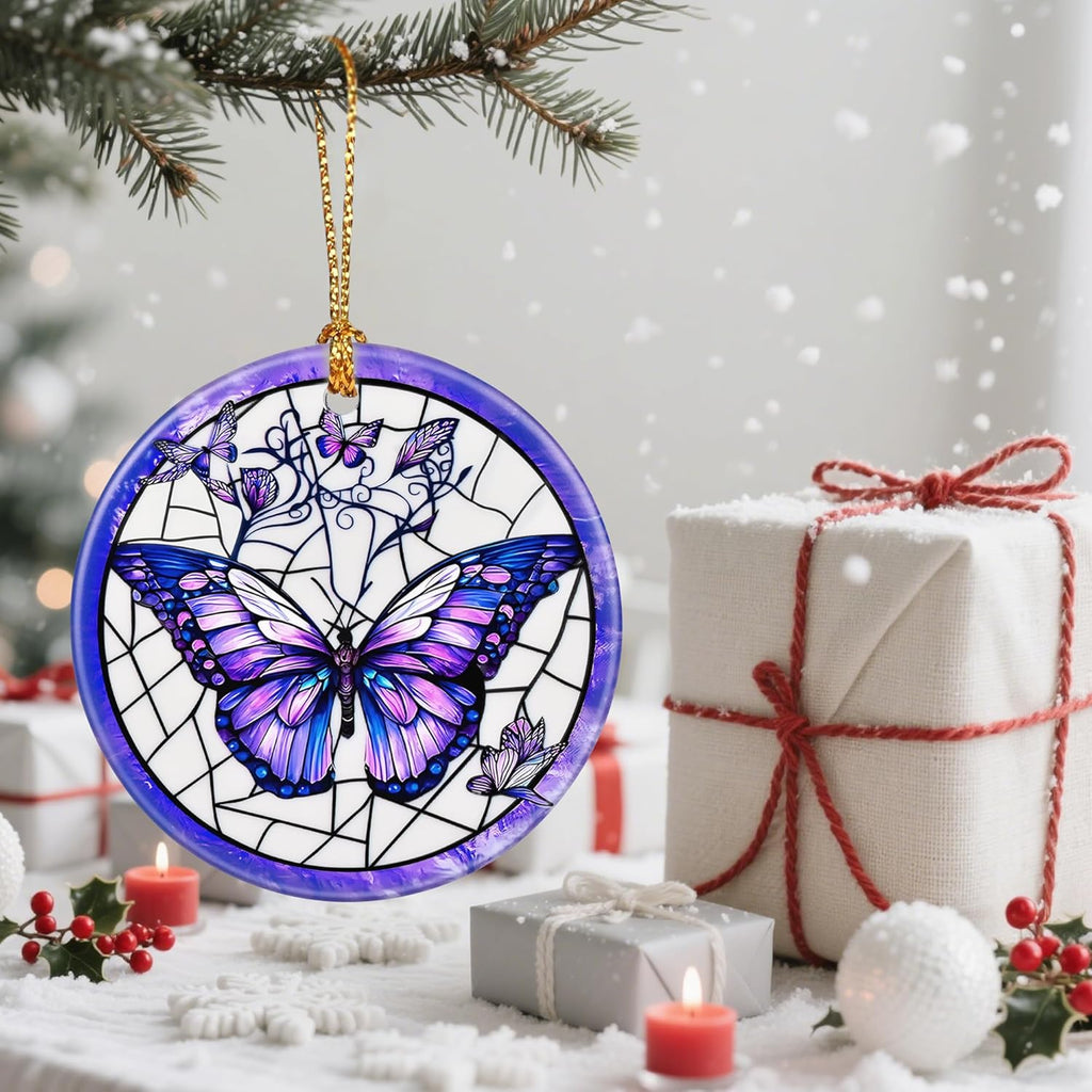 Ceramic-Style Christmas Tree Decorations, Christmas Ornaments, Double-Sided Printed Ornament Keepsakes, Holiday Decor. Xmas Gifts, Gifts for Butterfly Lovers - Butterfly-Themed