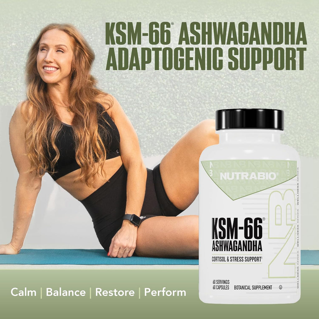 NutraBio Ashwagandha KSM-66 | Ashwagandha Herbal Supplement for Stress, Mood, & Performance | 600 MG of Clinically Studied KSM66 60 Capsules