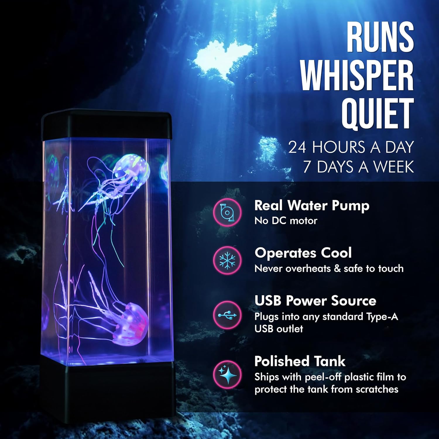 JINX LUMINOUS JELLYFISH Premium Large Lamp – 14" LED Aquarium Mood Light with Realistic Floating Jellyfish – USB Powered Lava Lamp Alternative with Color-Changing Ocean Lighting