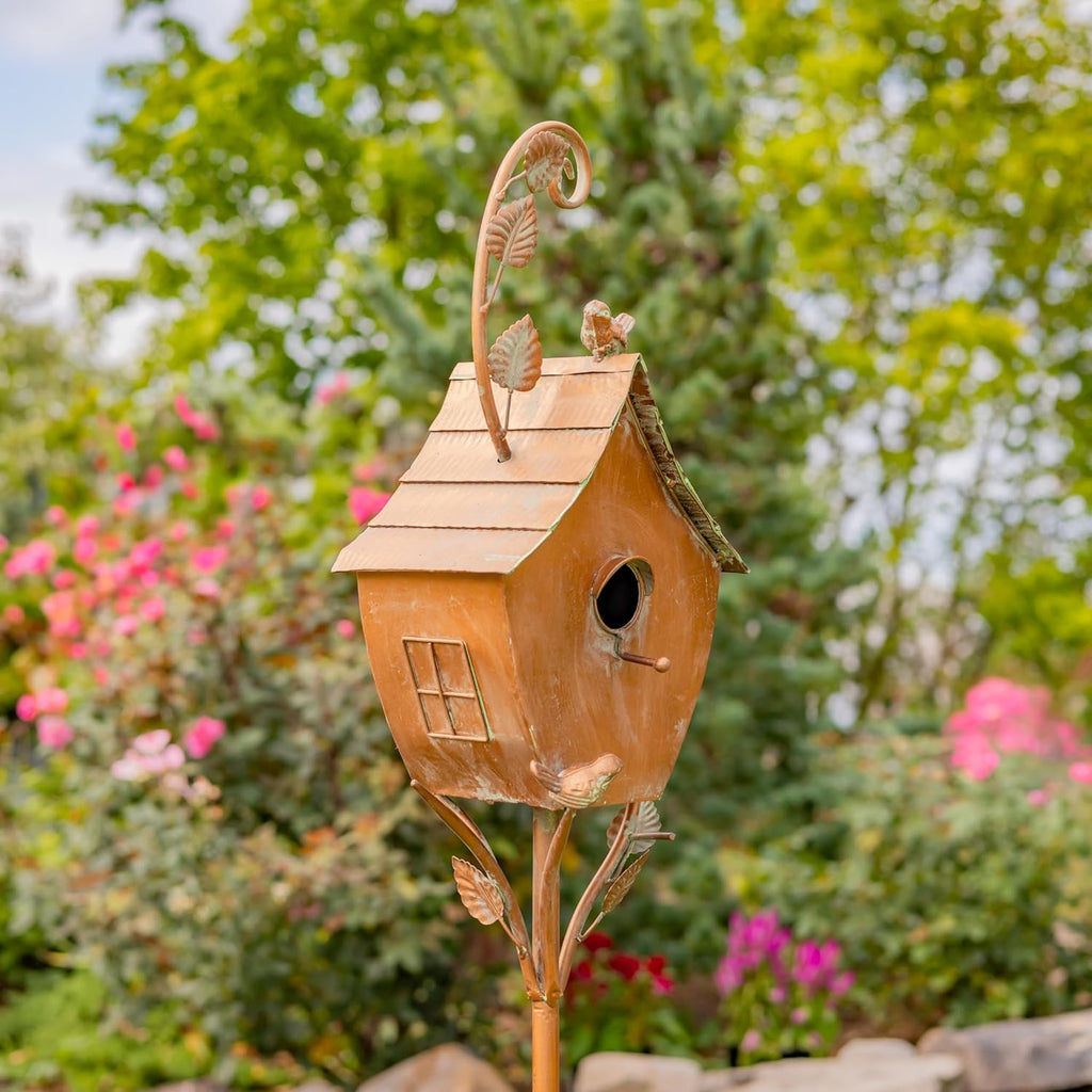 Copper Colored Fancy Design Birdhouse Garden Stakes (Curvy Acorn Shape)