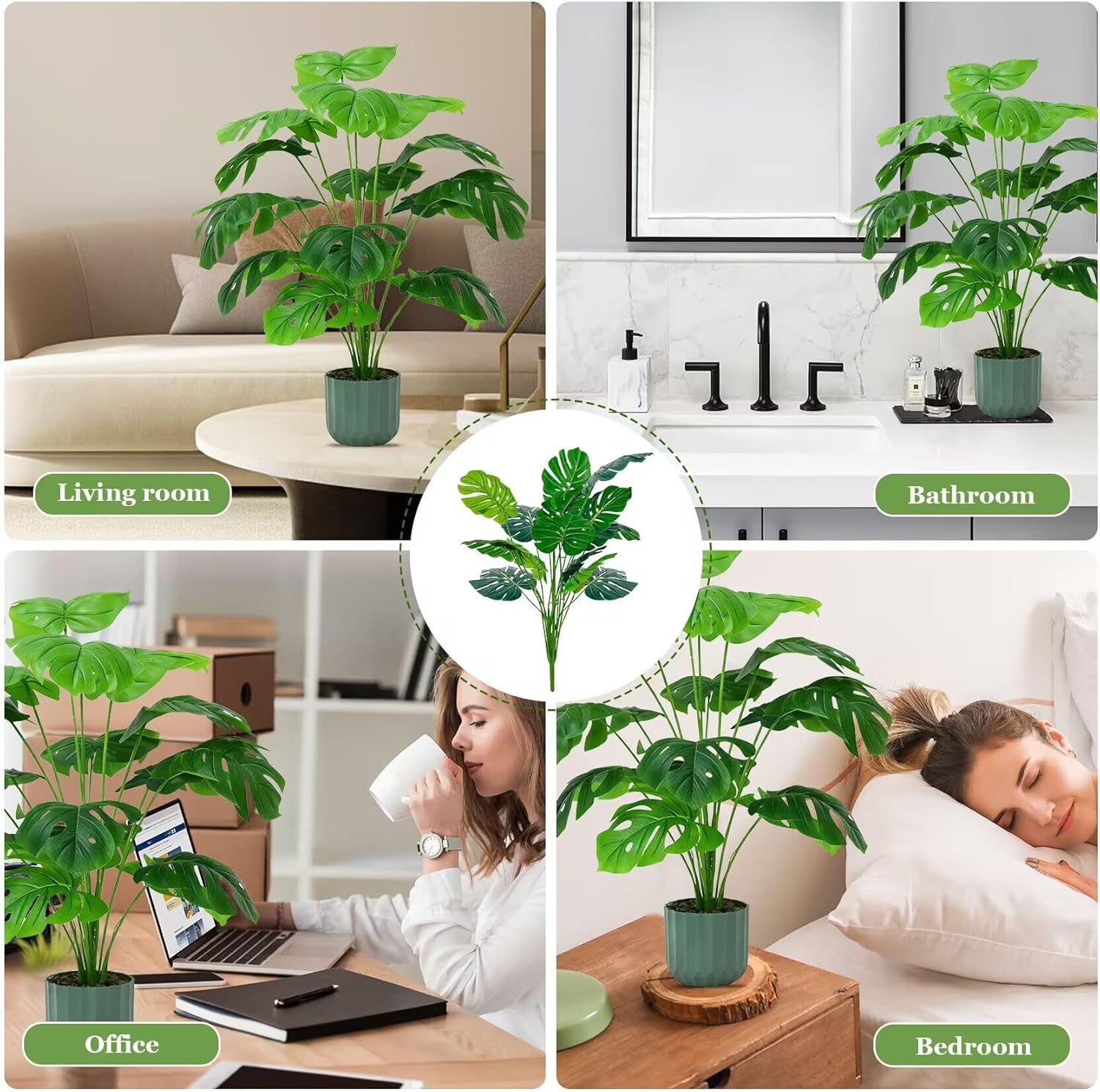 Artificial Palm Tree Leave Plants - 4PCS 28'' Tall Fake Plant Monstera Leaf Indoor Outdoor, Large Faux Floor Plant for Living Room, Bedroom Plants Decor, Bathroom Farmhouse Home House Decor