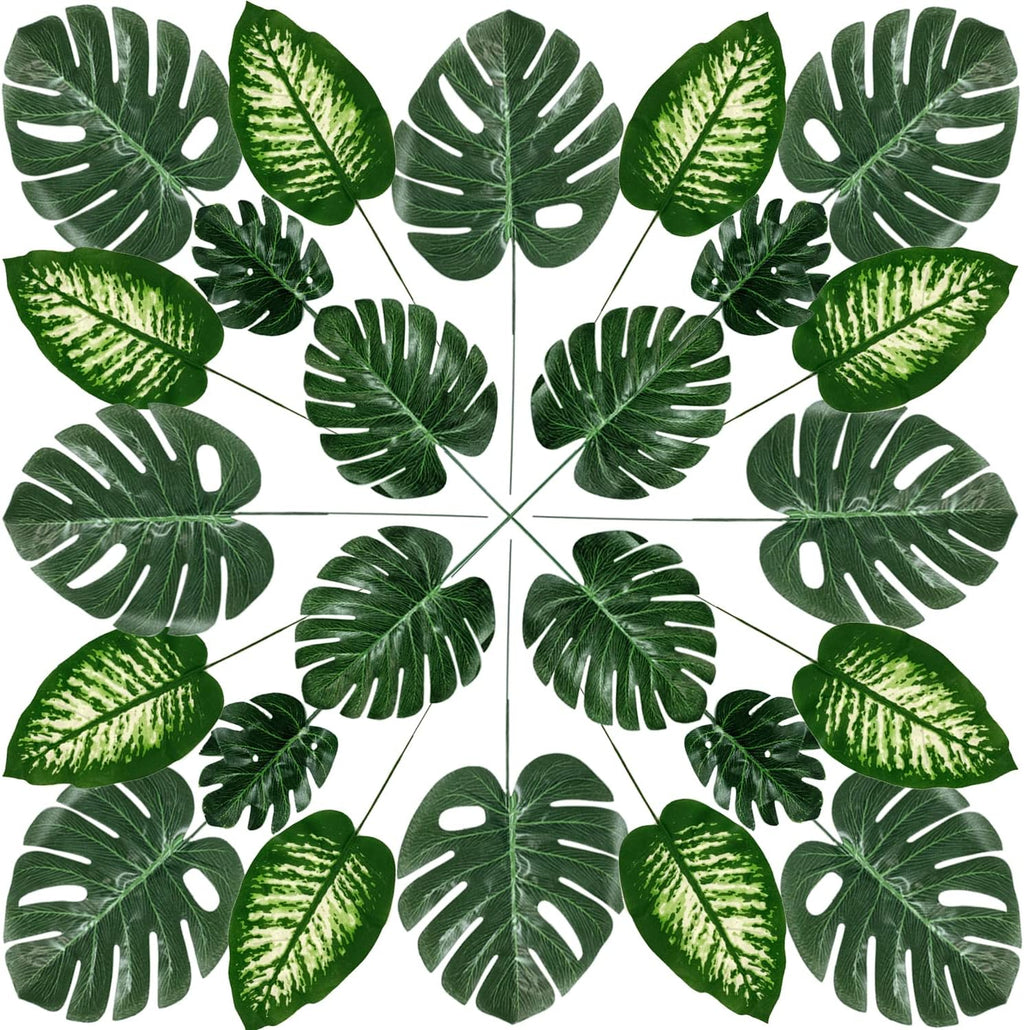 80pc 4-Kind Artificial Palm Leaves with Stems - Faux Monstera, Tropical Plant Simulation Safari Leaves for Tropical Decorations, Beach, Birthday, Jungle, Hawaiian Luau Parties