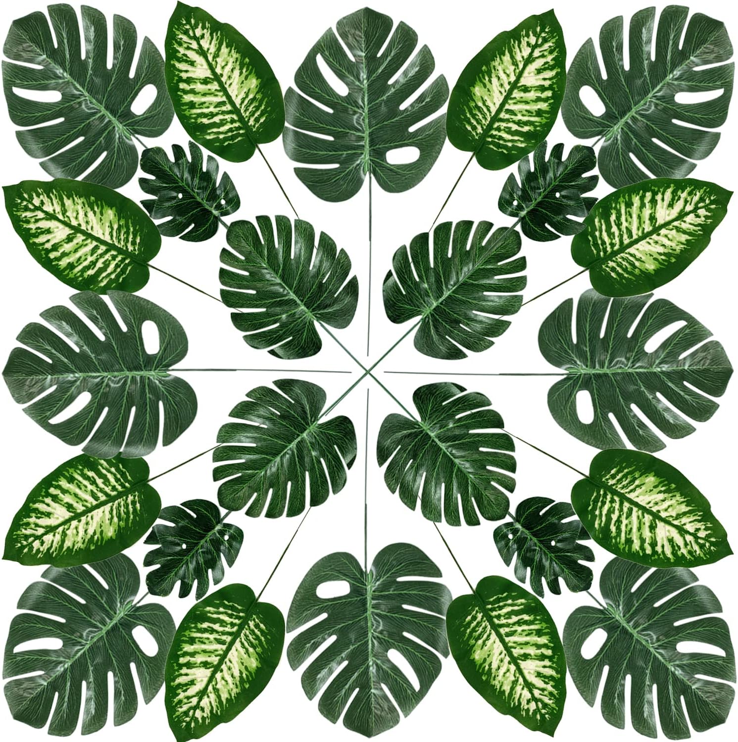 80pc 4-Kind Artificial Palm Leaves with Stems - Faux Monstera, Tropical Plant Simulation Safari Leaves for Tropical Decorations, Beach, Birthday, Jungle, Hawaiian Luau Parties