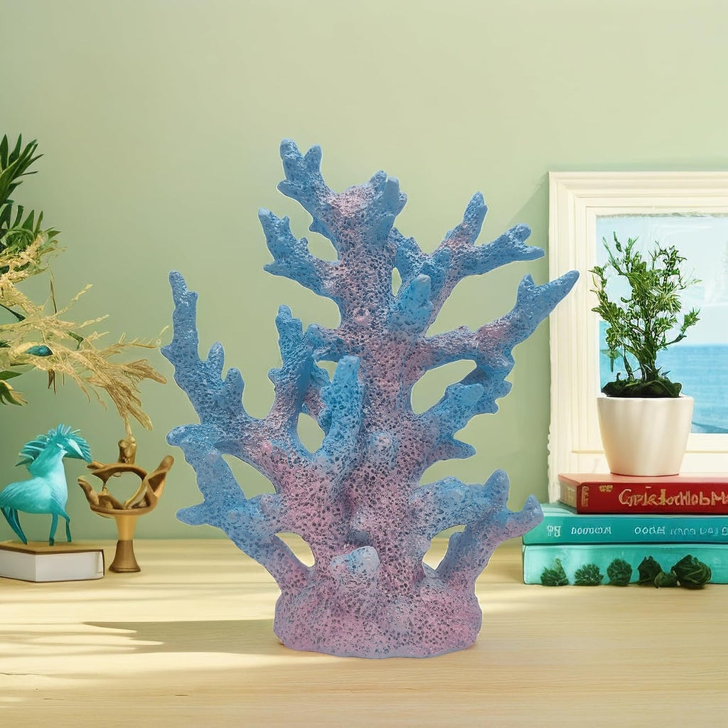 Beach Coastal Decor Coral Reef Home Decor Coral Statue Sculpture Home,Desk,Bathroom,Desktop Shelf Statue,Marine Themed Gifts (Gradient Cyan Coral)