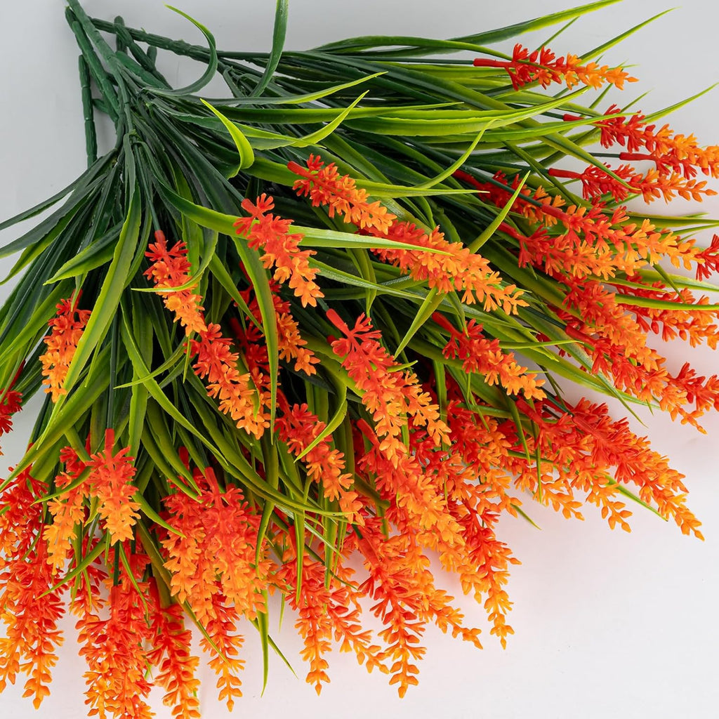 Artificial Flowers for Outdoor Plants 24 Bundles Fake Lavender Plastic Faux Monkey Grass for Verandah Window Garden Office Patio Front Porch UV Resistant for Planter(Orange)
