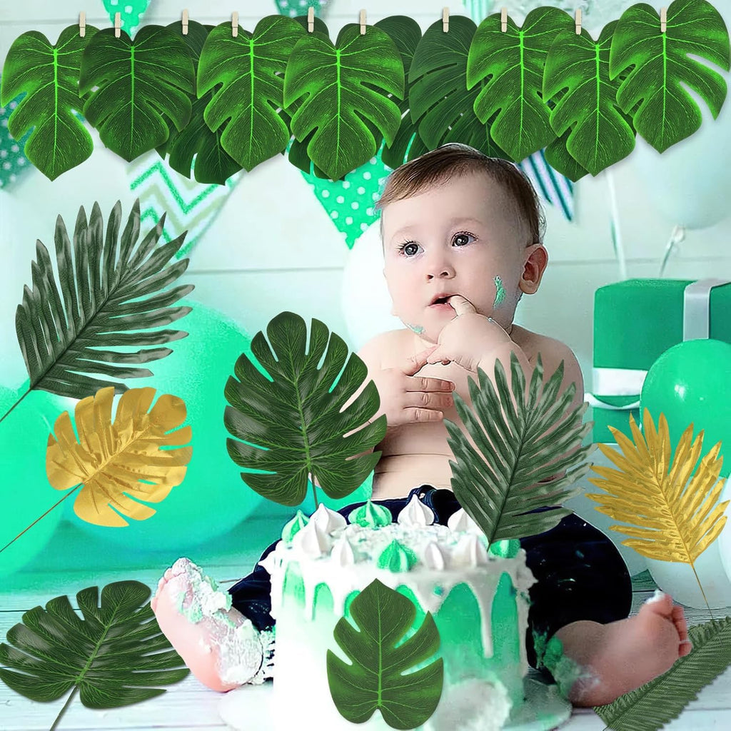 81 Pieces 10Kinds Artificial Tropical Leaf Jungle Leaves Plant Safari Leaves Decorations Fake Palm Golden Leaf with Stems for Hawaiian Luau Party Table Beach Birthday Wedding Theme Party Decorations