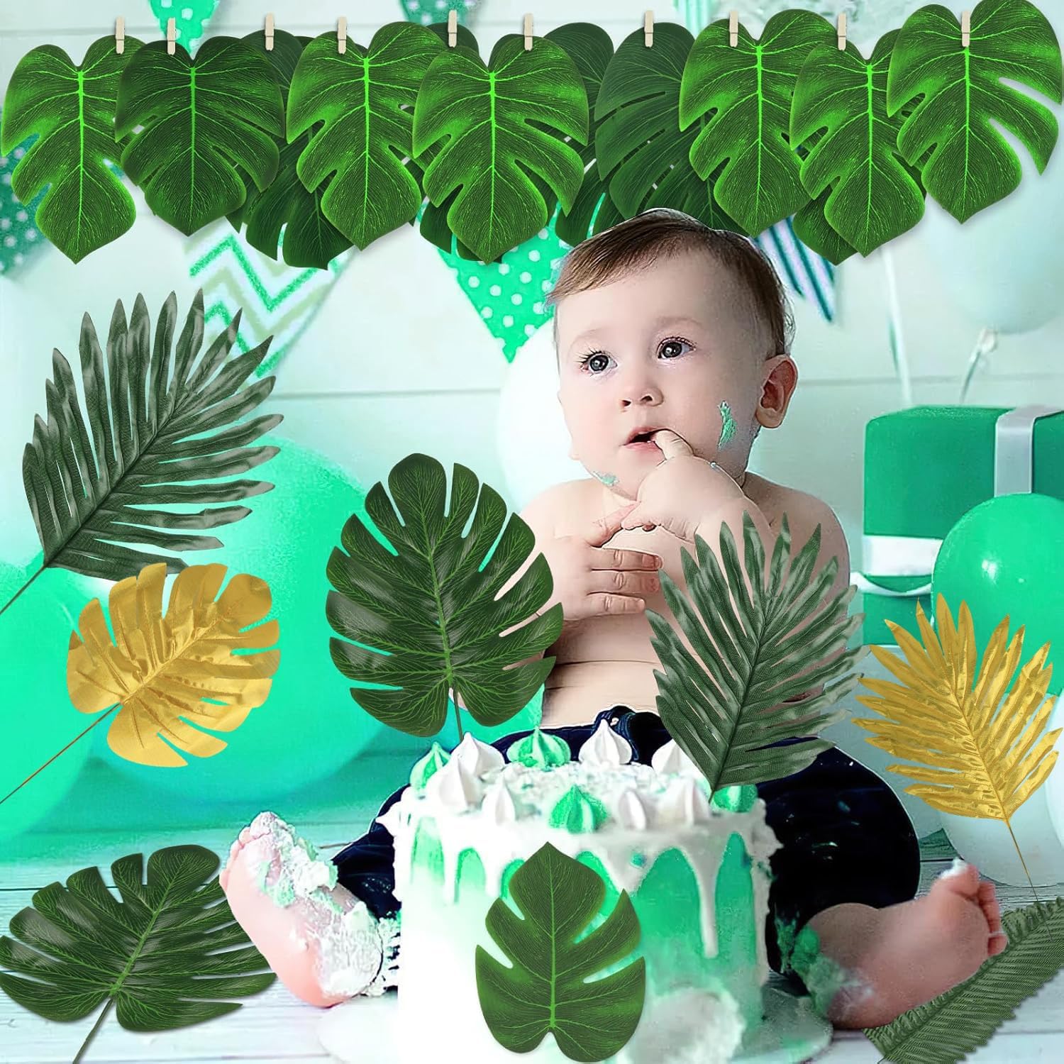 81 Pieces 10Kinds Artificial Tropical Leaf Jungle Leaves Plant Safari Leaves Decorations Fake Palm Golden Leaf with Stems for Hawaiian Luau Party Table Beach Birthday Wedding Theme Party Decorations