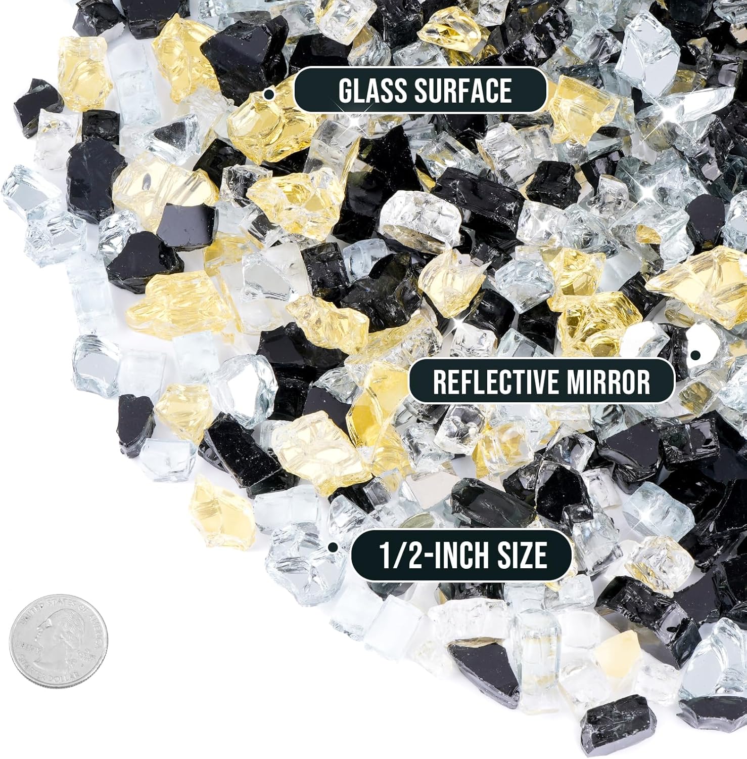 Skyflame 10-Pound Blended Fire Glass for Fire Pit Fireplace Landscaping - 1/2 Inch Reflective Tempered Fireglass Onyx Black, Platinum, Gold