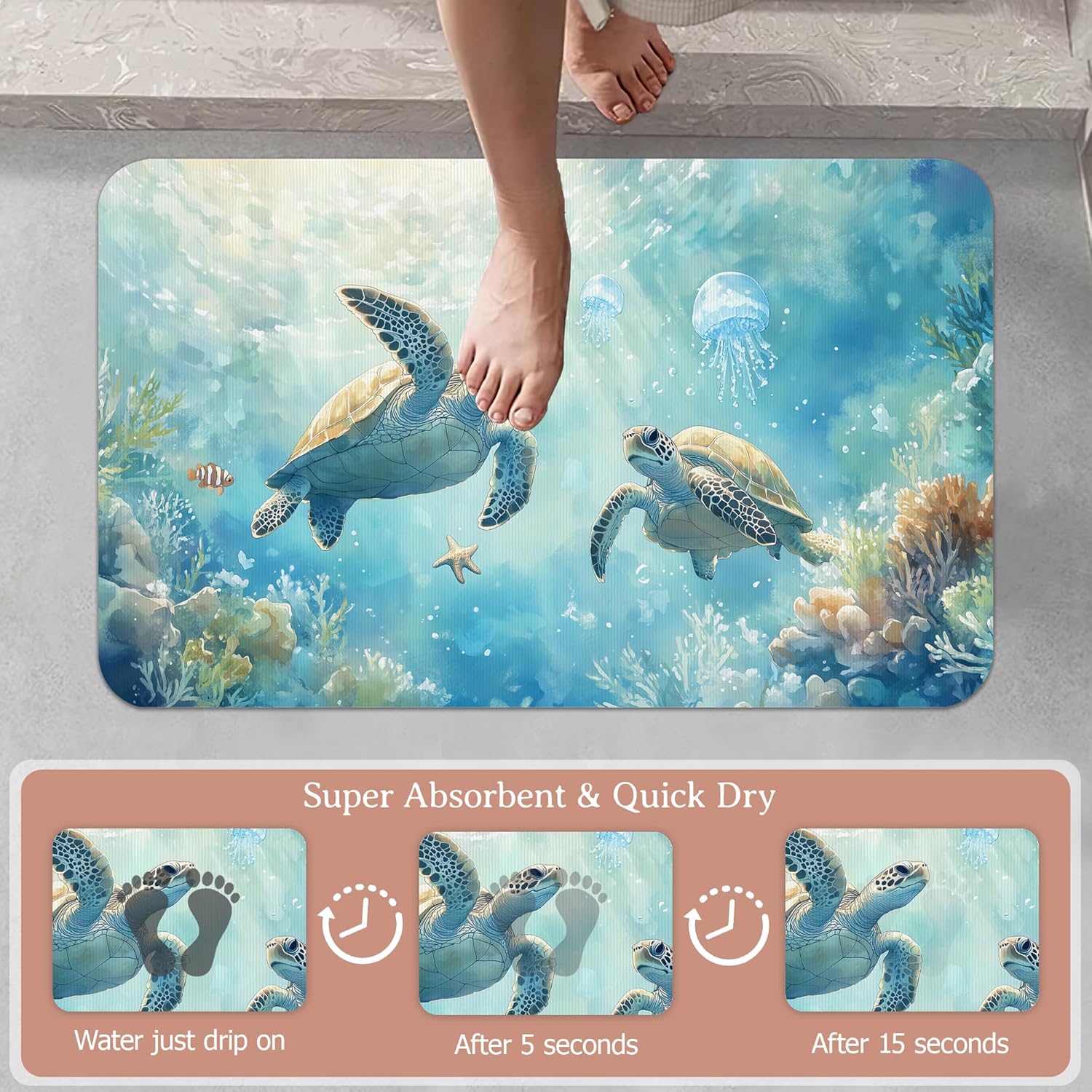 Bath Mat,Sea Turtles Bathroom Rugs,Quick-Drying Non-Slip Rubber Bath Mats Absorbent Diatomaceous Earth Mat for Bathroom Home Decor 17"x29.5"