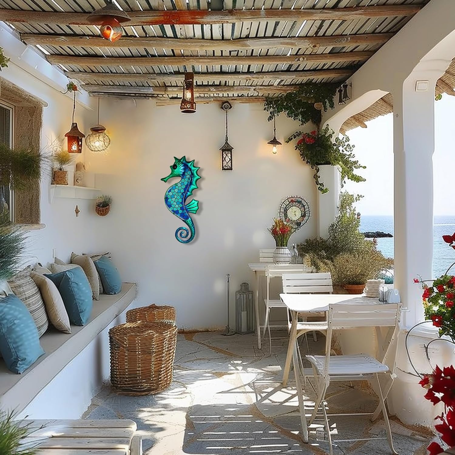 LIFFY Metal Seahorse Wall Art Mosaic Glass Ocean Wall Decor Coastal Sculpture Hanging Decoration for Home Garden Fence Pool Beach Bathroom
