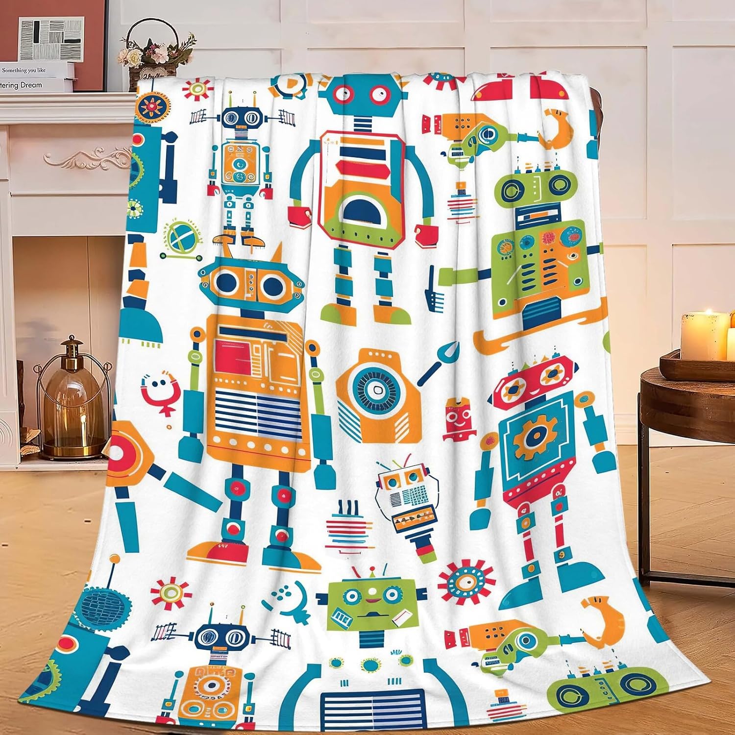 Robot Throw Blanket Cartoon Robot Machine Gifts for Kids Teens Girls Boys Adults Soft Cozy Warm Plush Fluffy Fuzzy Fleece Blanket Birthday Festival Decor 60''X80''