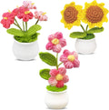 3pcs Crochet Flowers Cute Potted Flower,Mini Flower Bouquet for Mom Wife, Cute Desk Decor for Women,Artificial Handmade Flowers for Car Dashboard,Home Office Decoration (Color#1)