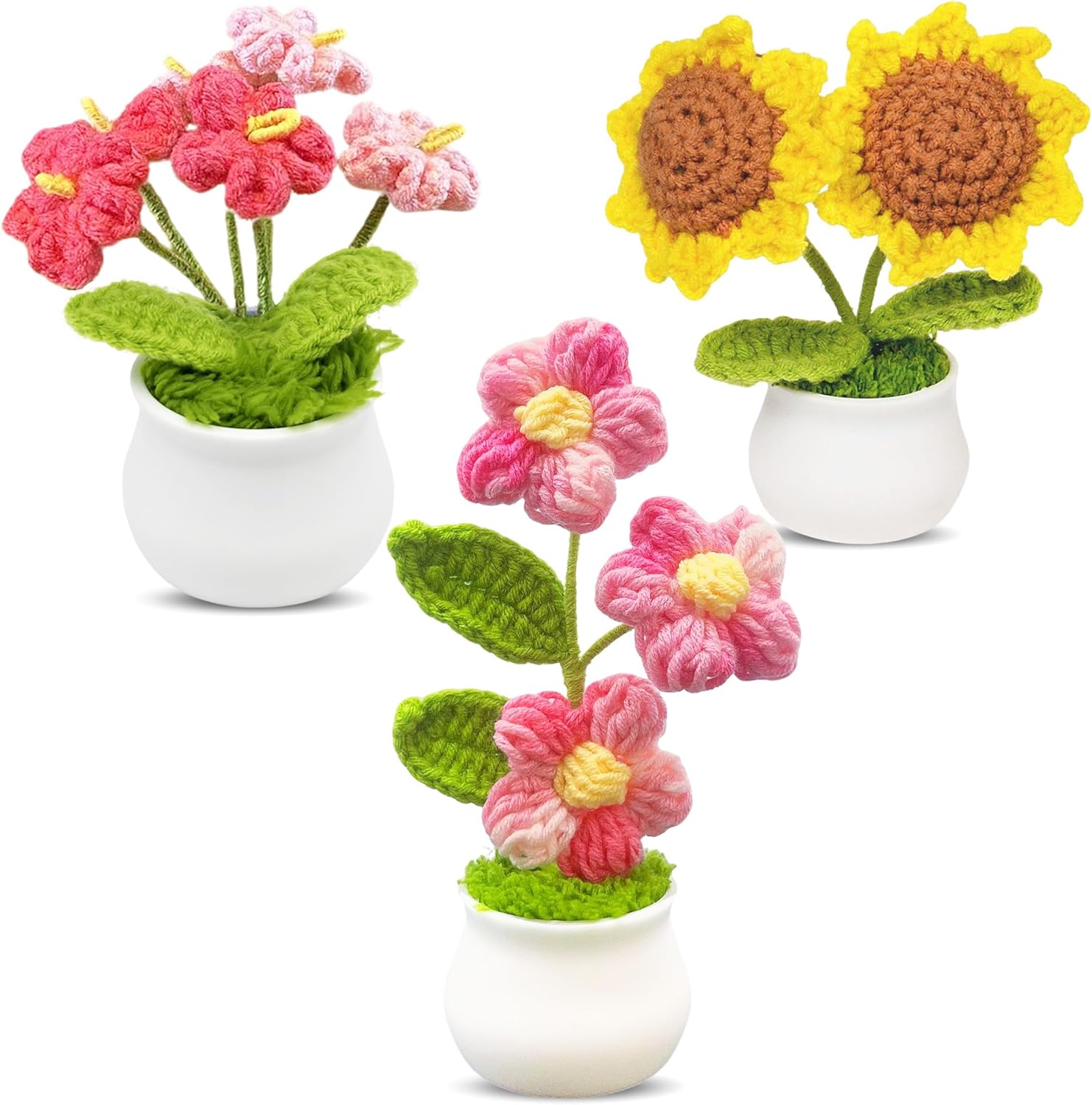 3pcs Crochet Flowers Cute Potted Flower,Mini Flower Bouquet for Mom Wife, Cute Desk Decor for Women,Artificial Handmade Flowers for Car Dashboard,Home Office Decoration (Color#1)