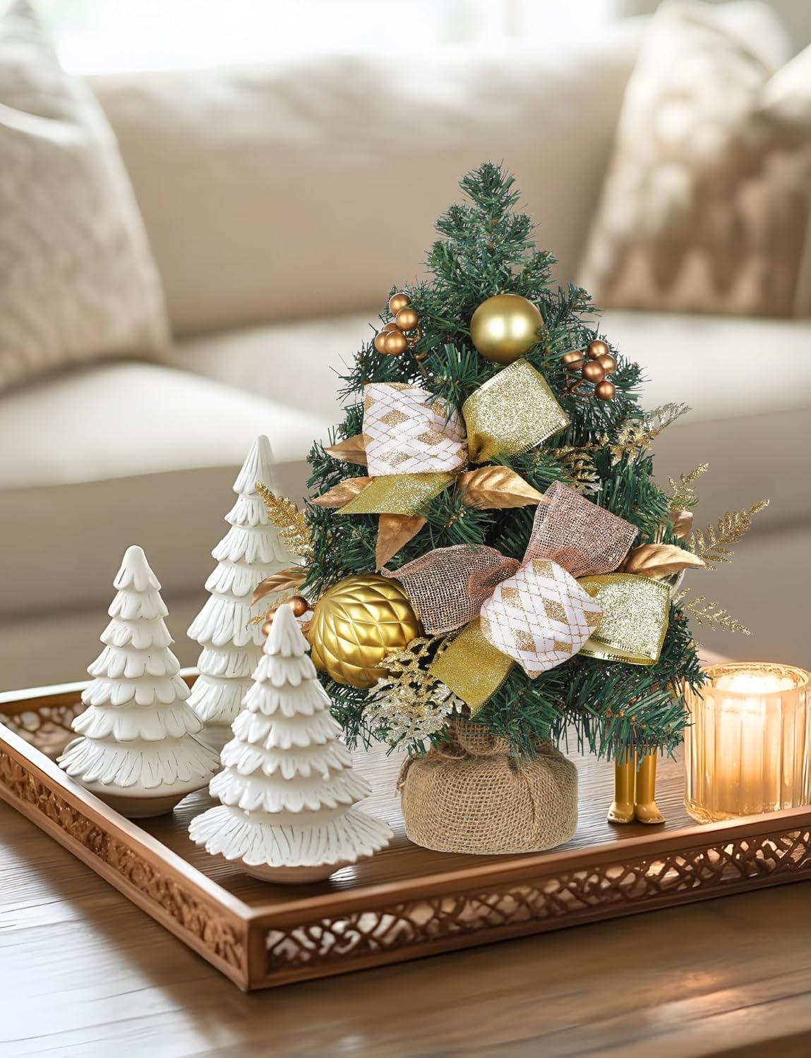Mini Tabletop Christmas Tree with Ornaments Berries Bows, 19" Small Table Christmas Tree Ready to Use - Christmass Center Piece for Desk, Shelf, Mantel, Entryway, Xmas Tabletop Winter Holiday Decor