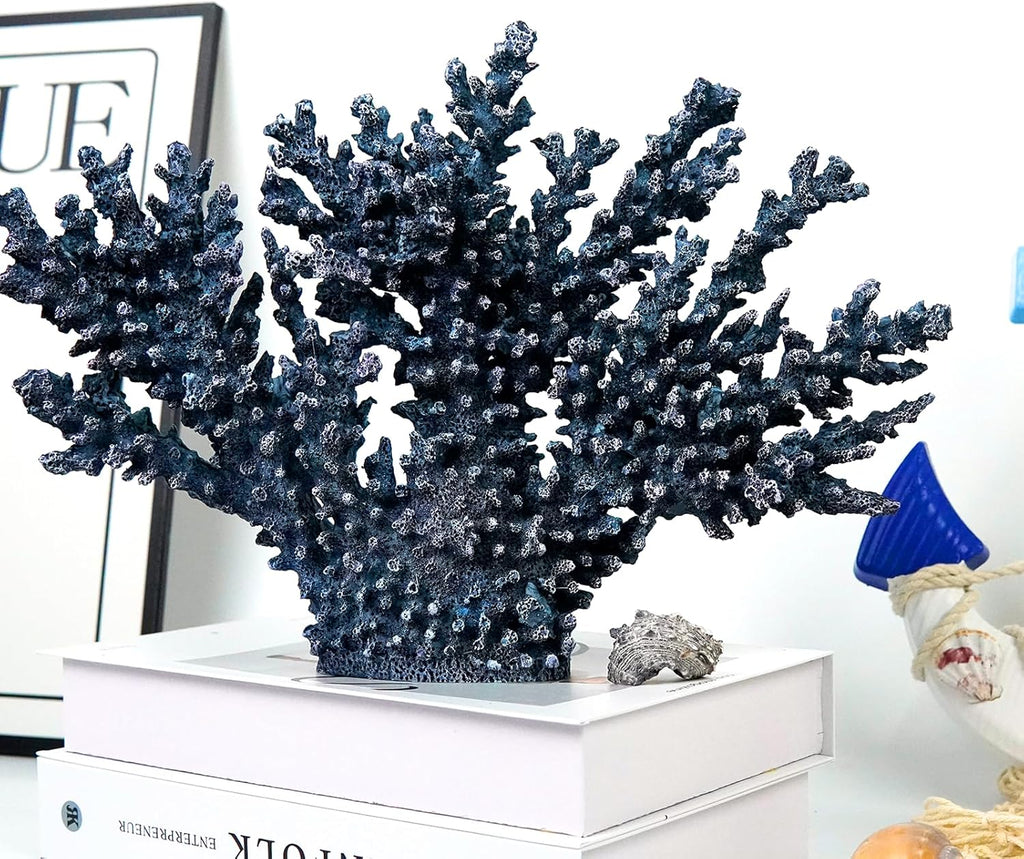 Coral Beach Decor,13.5'' Width x 10'' High Artificial Resin Coral Reef Statue for Ocean Coastal Beach Nautical Themed Room Bathroom Decor for Home, 1008B Blue;