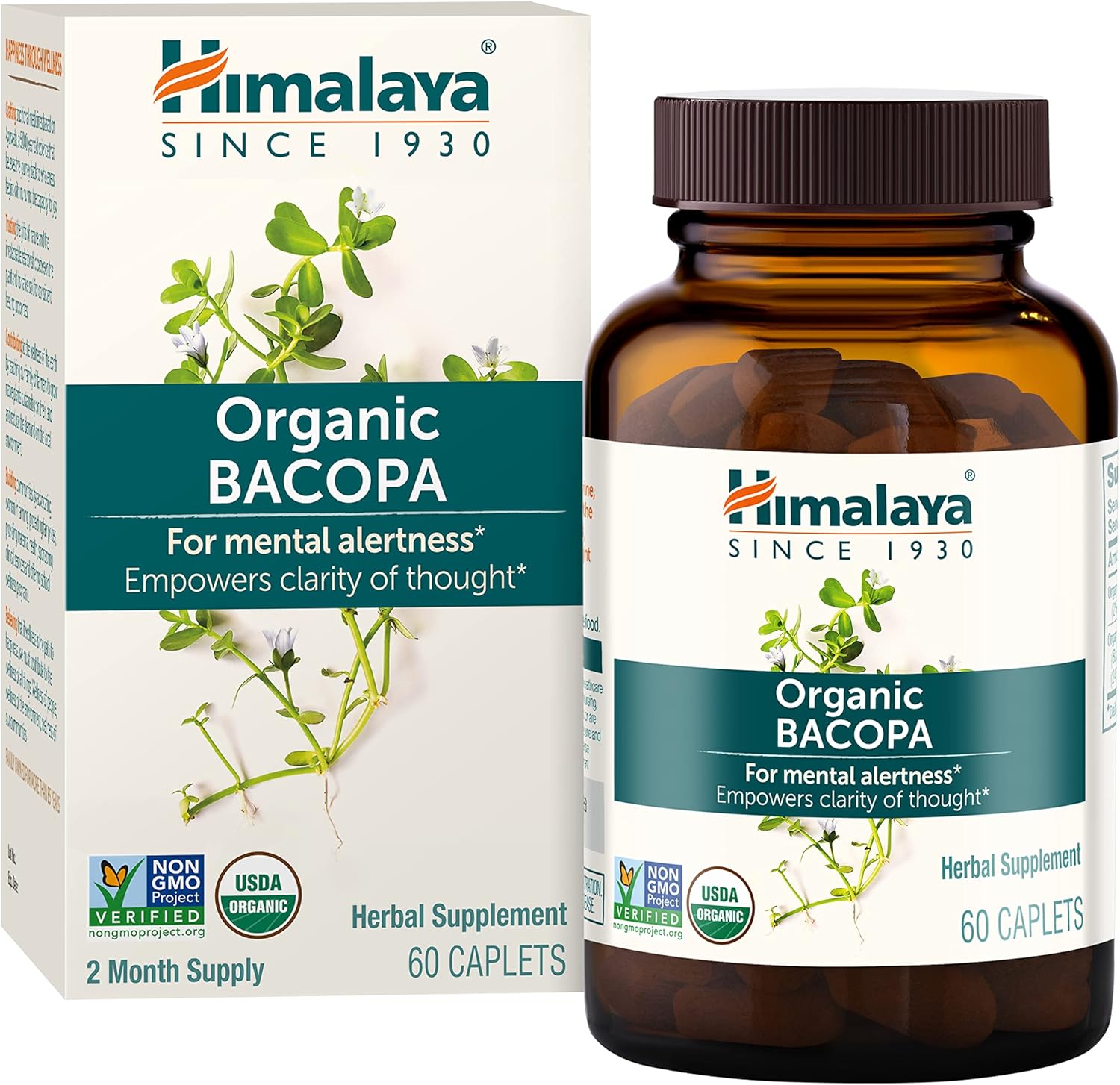 Himalaya Bacopa Monnieri Nootropic Herbal Supplement, Supports Calm, Memory, Cognition, USDA Certified Organic, Non-GMO, 750 mg, 60 Plant-Based Caplets, 60 Day Supply